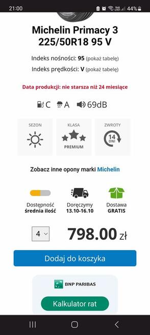 Okazja Opony letnie Michelin primacy3 225 50 18 95v425zł szt