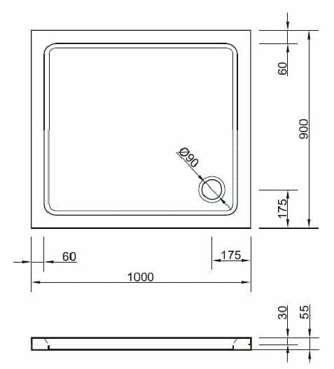 Brodzik 100x90 cm prostokątny płaski do montażu na podłodze