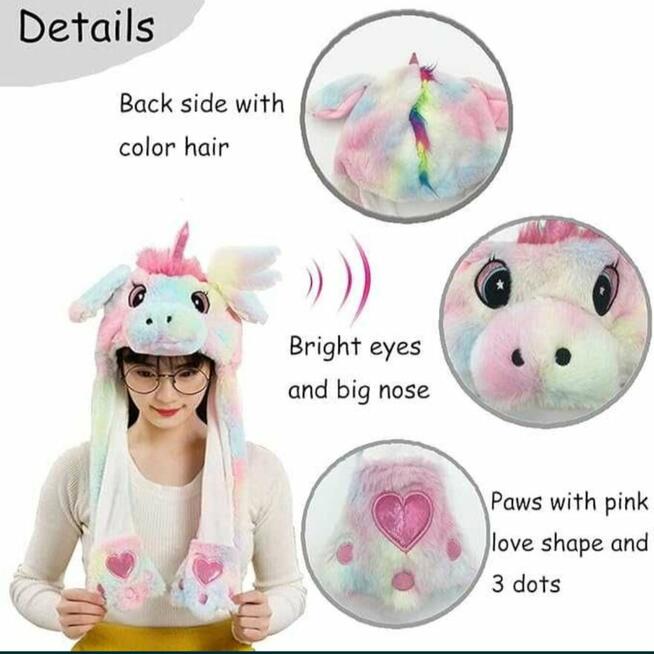 Czapka kolorowy jednorożec z ruchomymi uszami