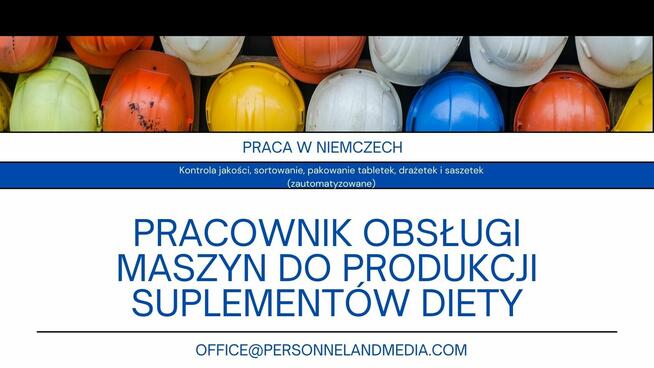 Pracownik obsługi maszyn do produkcji suplementów NIEMCY