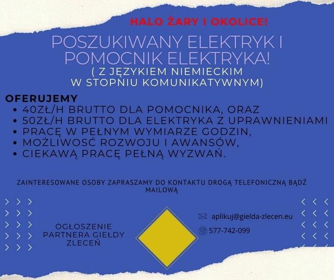 Elektryk i pomocnik elektryka poszukiwany