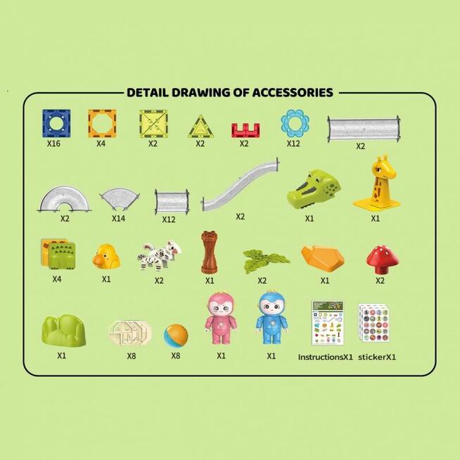 WOOPIE Klocki Magnetyczne Tor Kulkowy Zwierzęcy Raj 104 el.