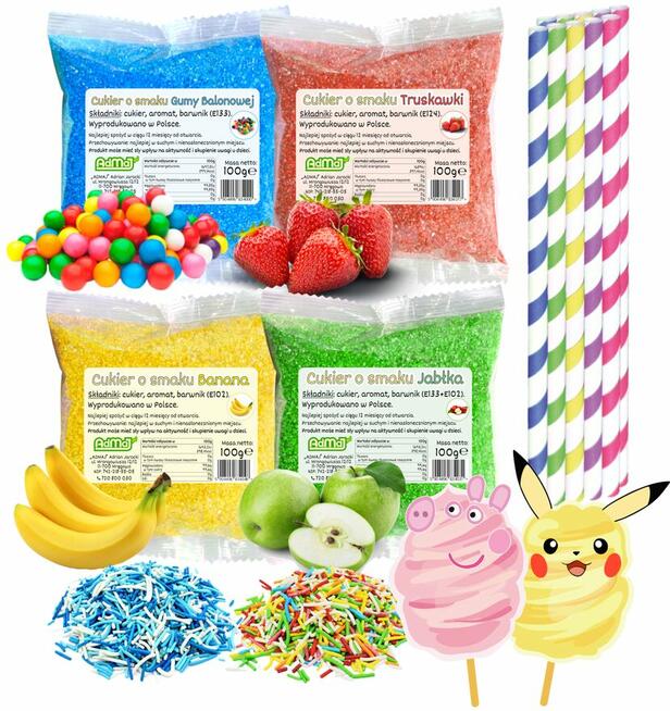 Cukier Kolorowy i Smakowy do Waty Cukrowej Zestawy