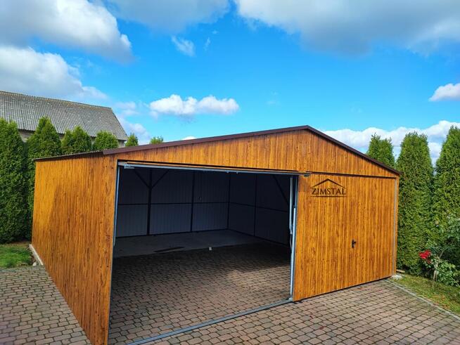 Garaż blaszany 6X6 dach dwuspadowy kolor drewnopodobny złot