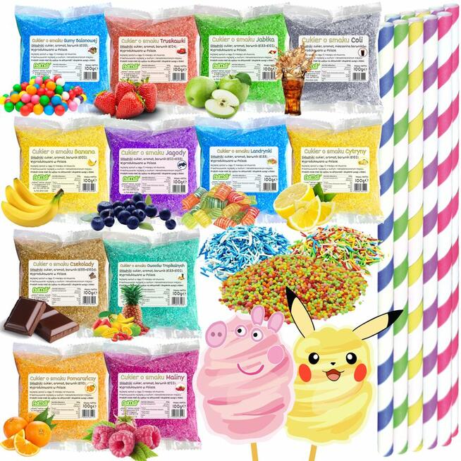 Maszyna do Waty Cukrowej + Cukier 12x 100g Saszetki + Patyki