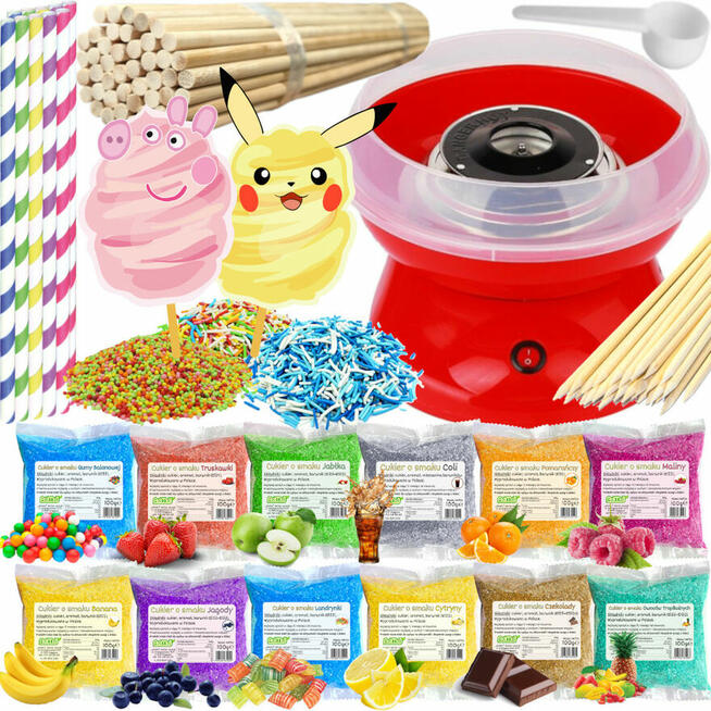 Maszyna do Waty Cukrowej + Cukier 12x 100g Saszetki + Patyki