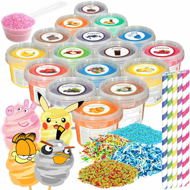 Cukier Kolorowy i Smakowy do Waty Cukrowej Zestawy