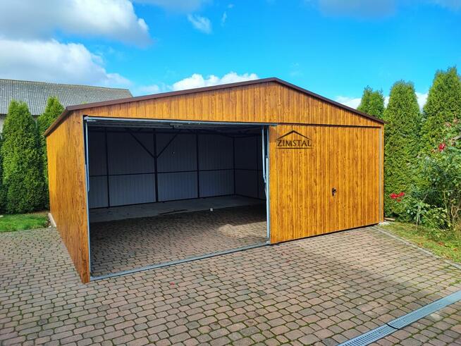 Garaż blaszany 6X6 dach dwuspadowy kolor drewnopodobny złot