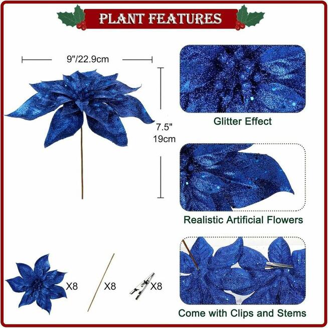 Świąteczne dekoracje sztuczne kwiaty poinsecji Niebies 23cm