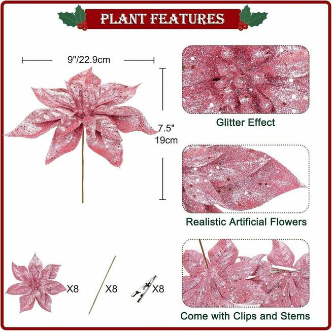 Świąteczne dekoracje Sztuczne kwiaty poinsecji 9/23cm z kli