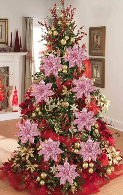 Świąteczne dekoracje Sztuczne kwiaty poinsecji 9/23cm z kli