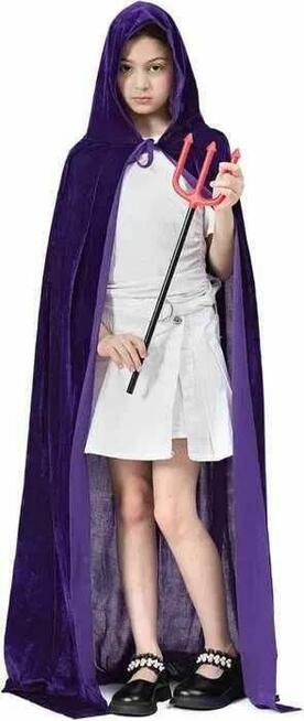 Strój wampira długi płaszcz fiolet kaptur widły maska 180cm