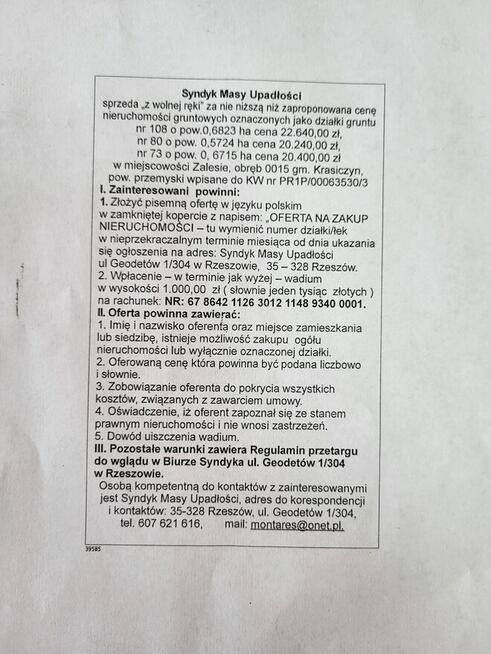 Syndyk masy upadłości sprzeda działki
