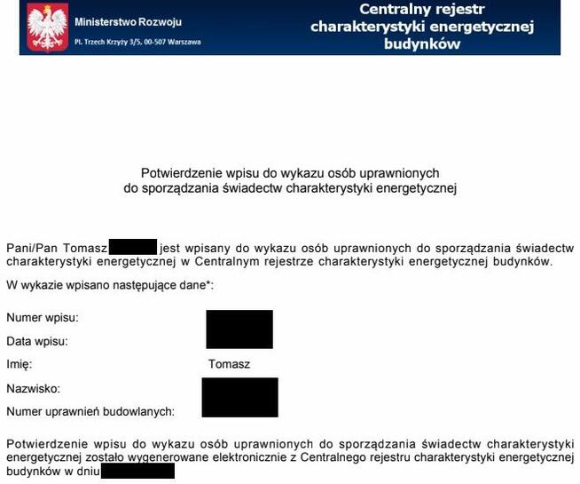 Świadectwo Charakterystyki Energetycznej (Certyfikat Energ.)