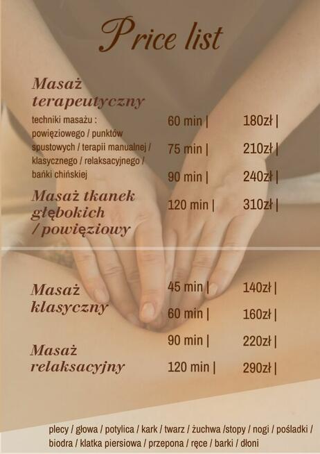 Masaż terapeutyczny/klasyczny 160/180 1h. ‚Trzebnicka ul.