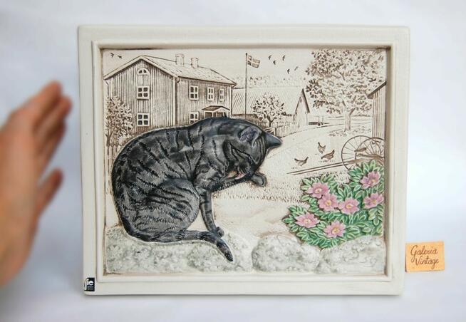 Kot, kotek, obrazek ceramiczny Jie Gantofta Szwecja vintage