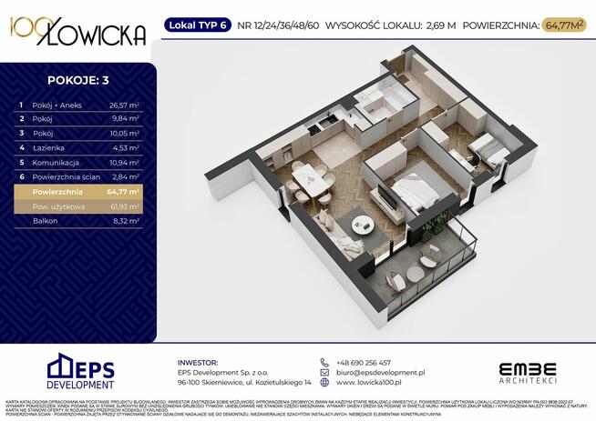 Mieszkanie na sprzedaż - 61 m² - 3 pokoje Skierniewice Widok