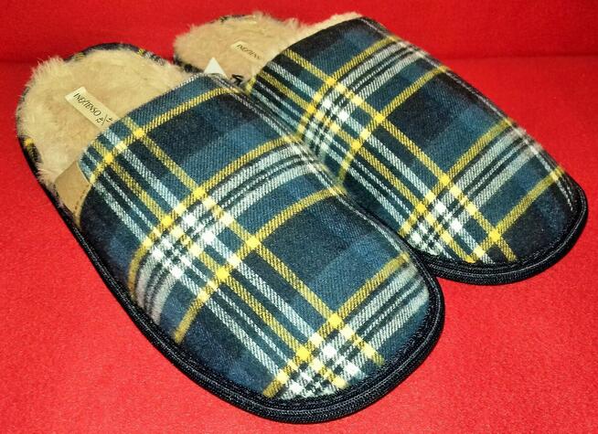 Kapcie z futerkiem ciepłe miękkie krata