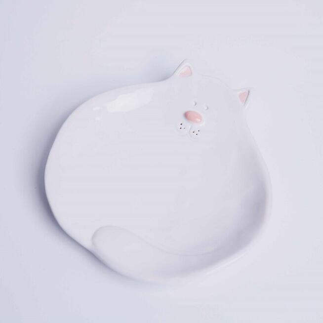 Biały talerzyk deserowy kot - Rękodzieło na prezent - Lamabo