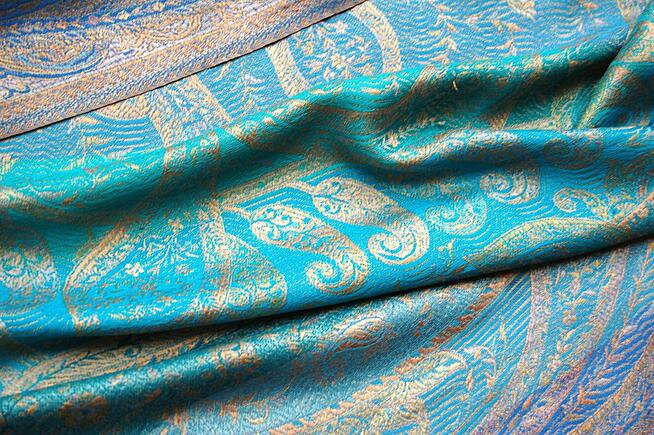 Jedwabny szal Indiska paisley, 100% jedwab turkus fiolet