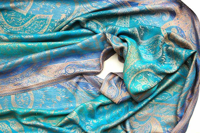 Jedwabny szal Indiska paisley, 100% jedwab turkus fiolet