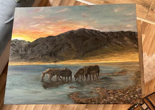 Złota chwila. Obraz duży do salonu. Pejzaż.Konie.Olej 100-80