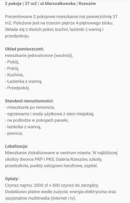 Mieszkanie Rzeszów ul Marszałkowska wynajem