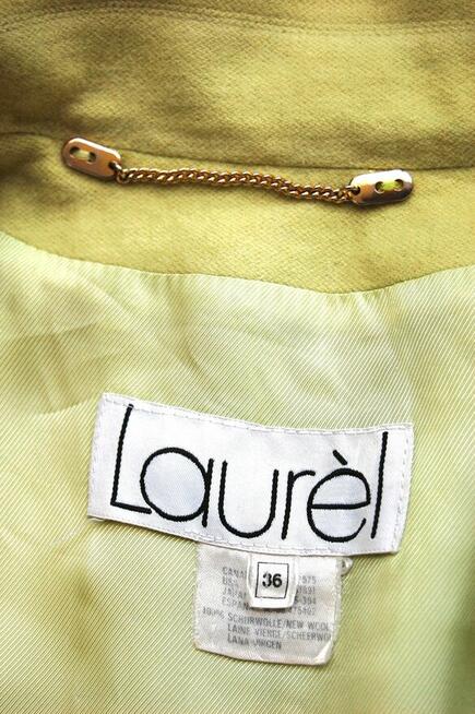 Laurèl, wełniany płaszcz damski vintage S M wełna, limonkowy