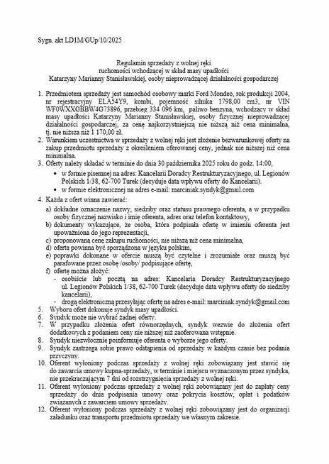 Syndyk sprzeda samochód Ford Mondeo 2004 r., nr rej. ELA54Y9