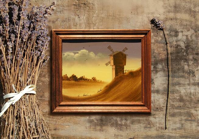 Pejzaż, młyn, cerkiew, stary obrazek olejny, Rosja