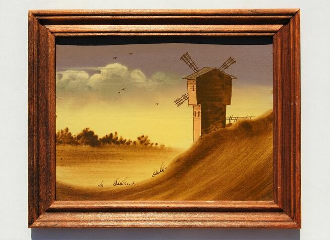 Pejzaż, młyn, cerkiew, stary obrazek olejny, Rosja