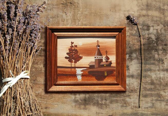 Pejzaż, młyn, cerkiew, stary obrazek olejny, Rosja