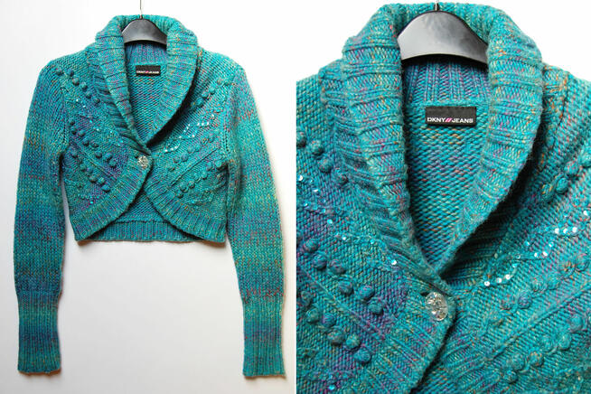 DKNY sweter, bolerko, turkus, wełna 34 XS melanż