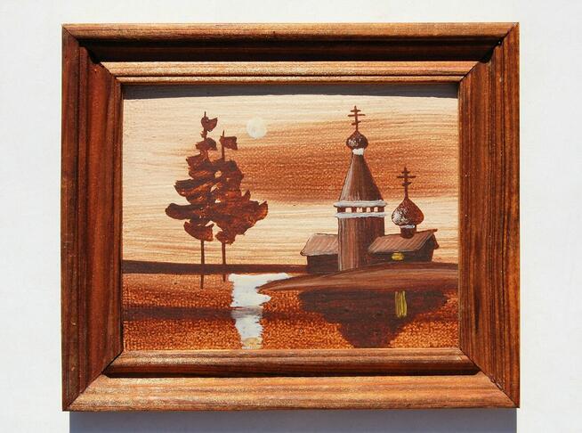 Pejzaż, młyn, cerkiew, stary obrazek olejny, Rosja