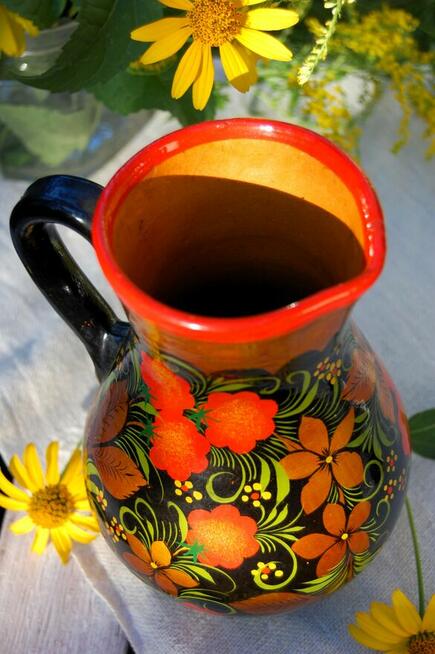 Chochłoma, ręcznie malowany rosyjski dzbanek, wazon gliniany