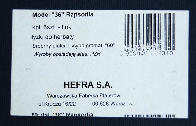 Komplet 6 łyżeczek do herbaty Hefra, 36 Rapsodia posrebrzane