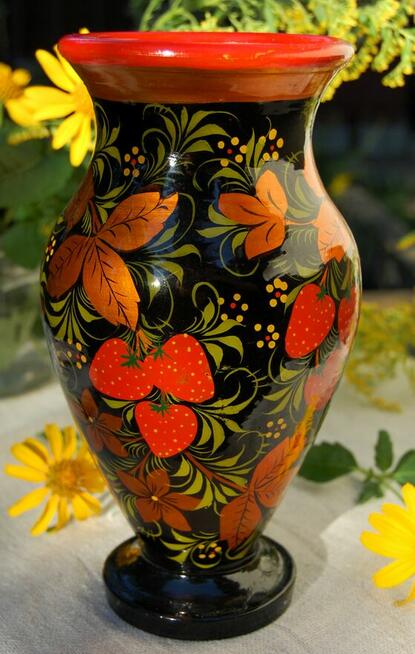 Chochłoma, ręcznie malowany rosyjski dzbanek, wazon gliniany