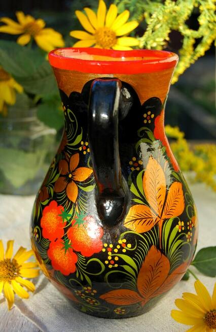 Chochłoma, ręcznie malowany rosyjski dzbanek, wazon gliniany