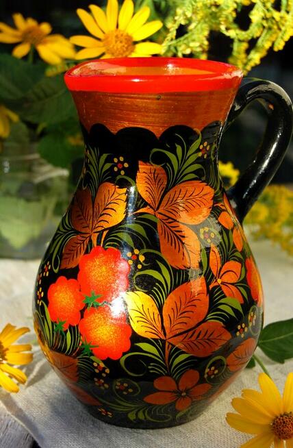 Chochłoma, ręcznie malowany rosyjski dzbanek, wazon gliniany