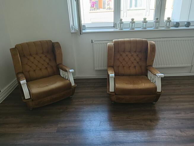 Kanapa rozkładana + dwa fotele, welur, piękny rudy
