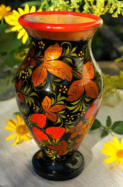 Chochłoma, ręcznie malowany rosyjski dzbanek, wazon gliniany