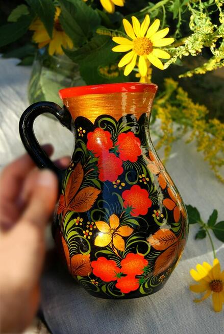 Chochłoma, ręcznie malowany rosyjski dzbanek, wazon gliniany