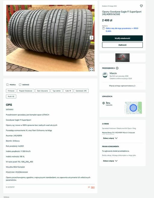 Goodyear 245/40/19 przebieg 2tyś. km okazja !
