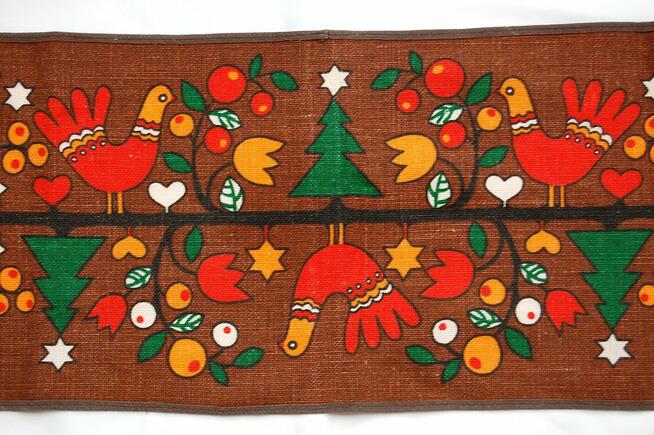Bieżnik świąteczny PRL NRD DDR vintage juta nadruk ptaki