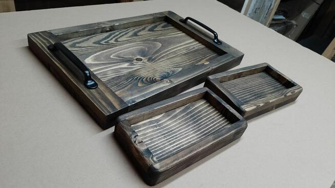 Tacki z drewna komplet 3szt drewno metal loft rustyk taca