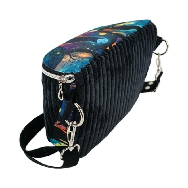 Torebka-Nerka Sztruksowa Czarna z Motywem Kota – Księżycowy Kot - Handmade