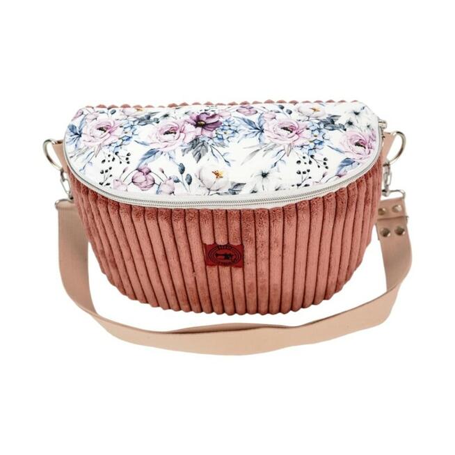 Torebka-Nerka Sztruksowa Brudny Róż z motywem Kwiatów – handmade