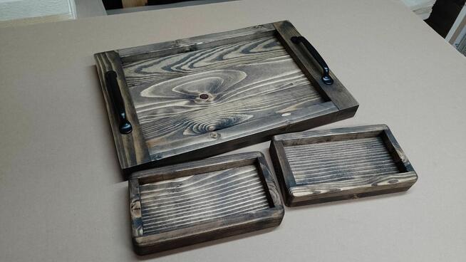 Tacki z drewna komplet 3szt drewno metal loft rustyk taca