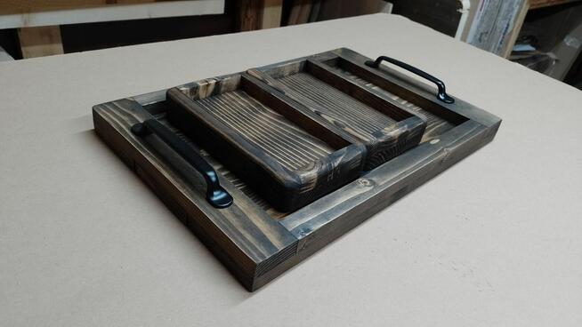 Tacki z drewna komplet 3szt drewno metal loft rustyk taca