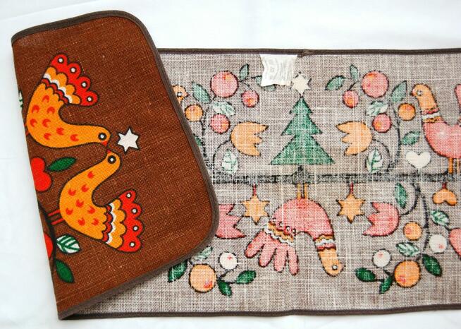 Bieżnik świąteczny PRL NRD DDR vintage juta nadruk ptaki